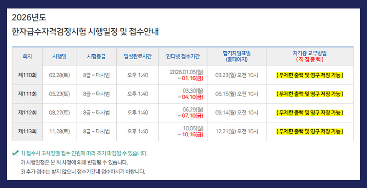 2026 한자급수자격검정시험 일정 『대한검정회』